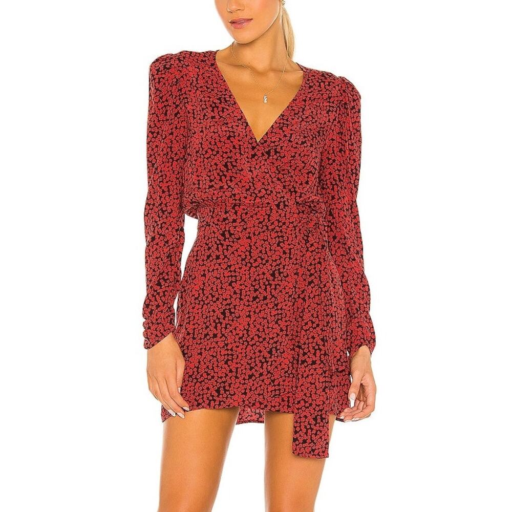 Free People Kinsley Red & Black Floral Print V-neck Long Sleeve Mini Wrap Dress